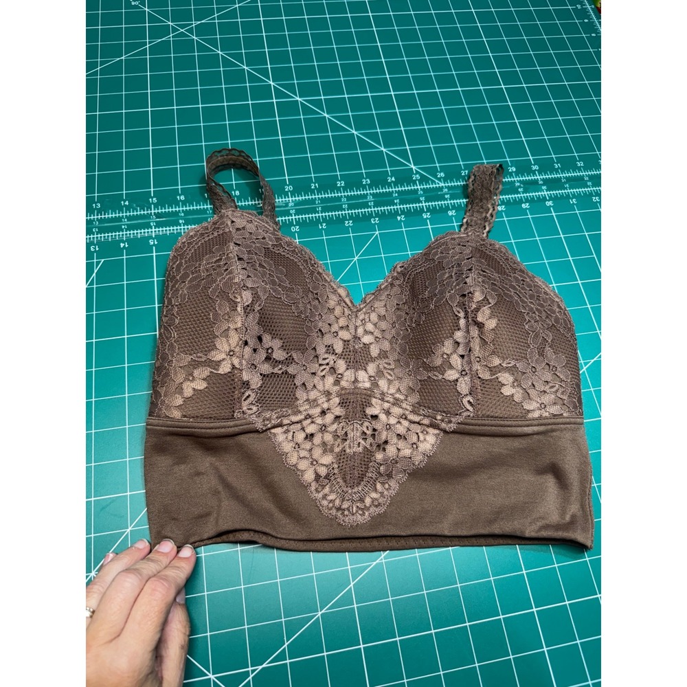 BKE Essentials Women Brown Lace Bralette Crop Top V-Neck Stretch Size M